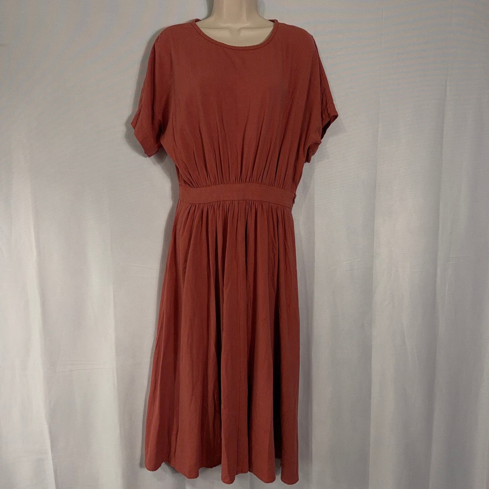 Masscob Dress Silk Short Sleeve Gathered Waist Terracotta Red Women Size M
